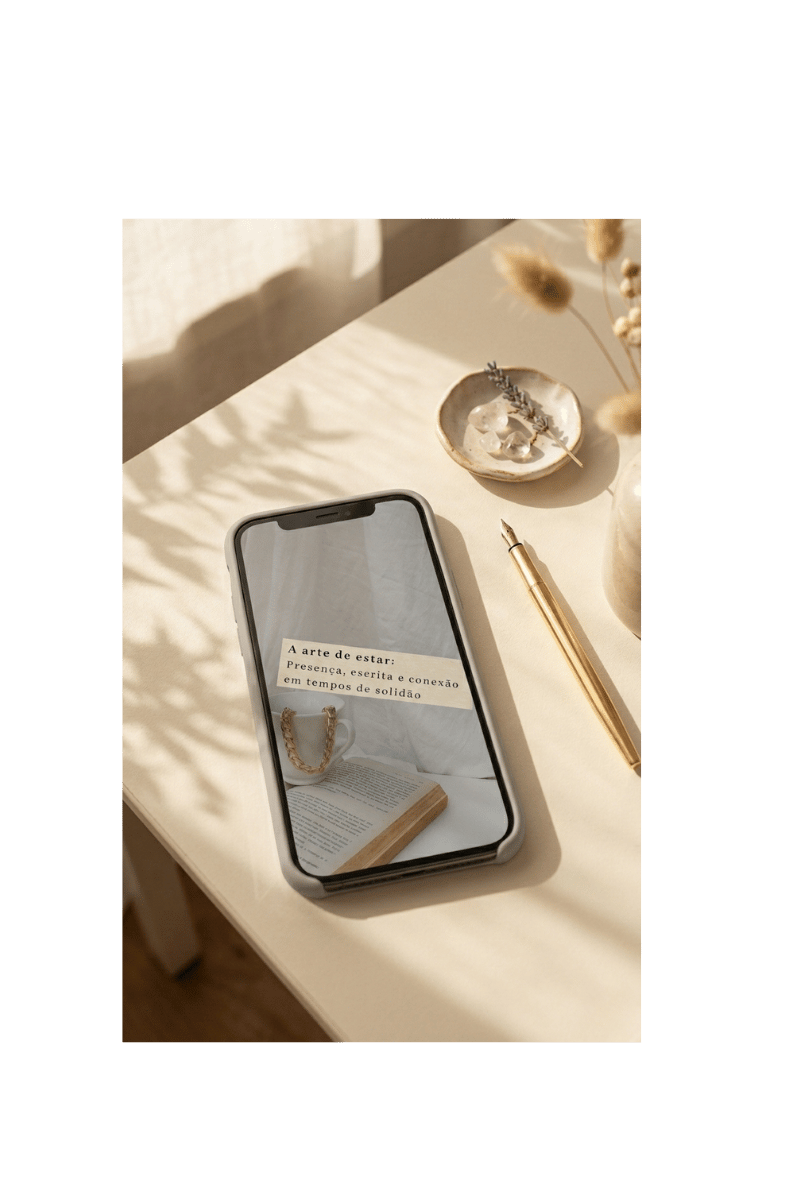 Ambiente minimalista, com um celular com sua tela com a capa de um ebook